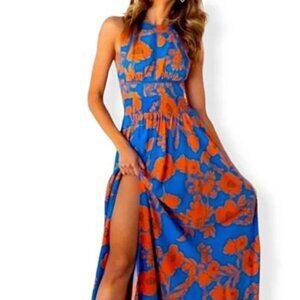 Abel The Label Anthropologie Boho Floral Halter Maxi Dress Blue/Orange Size XS